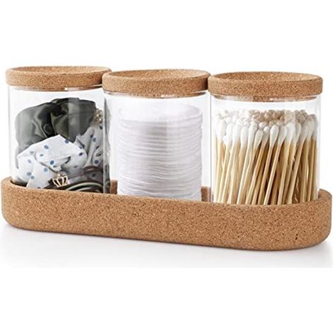 Juego de 3 organizadores de vidrio transparente para bastoncillos de algodón y accesorios de maquillaje. (1/5)