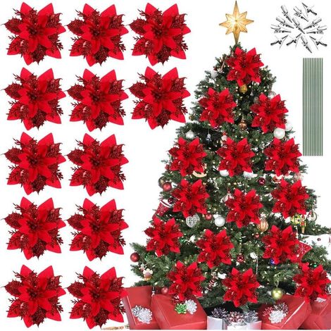 Lot de 12 fleurs de poinsettia de Nol rouges, fleurs artificielles pour sapin de Nol, décoration de Nol, poinsettia avec 12 tiges et 12 clips pour (1/4)