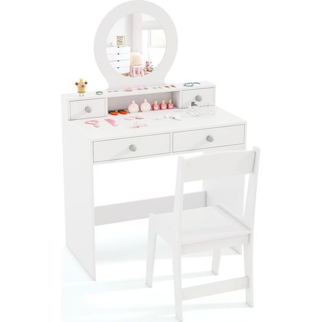 Costway – Coiffeuse enfant fille avec miroir et tabouret – 4 tiroirs de rangement – Miroir incassable – Dimensions 70x40x110 cm – Charge 50 kg (1/5)
