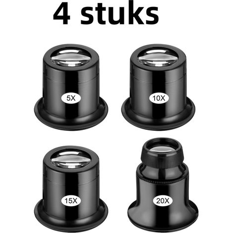 Lot de 4 loupes de joaillier monoculaires à clipser, grossissement 5x 10x 15x 20x, noir (1/5)