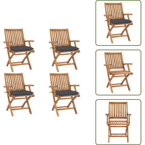 The Living Store Chaises pliables de jardin avec coussins lot de 4 Teck solide - Chaises de jardin teck (1/5)