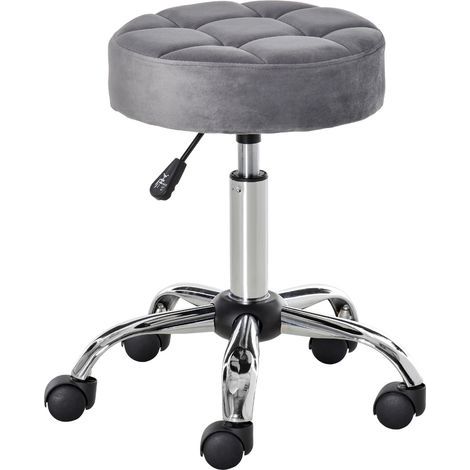 Fauteuil de salon à roulettes réglable en hauteur et pivotant, revêtement en velours gris, base chromée, dimensions 35 x 35 x 49–61 cm, idéal pour salons de coiffure et instituts de beauté (1/5)