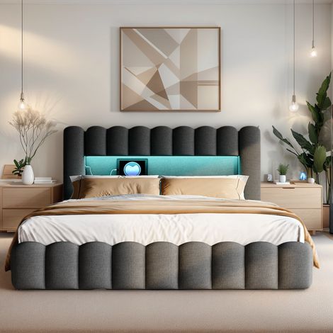 Lit coffre 180 x 200 cm, lit 180x200 avec sommier, avec port USB et LED, lit double, Lit Rembourré, cadre de lit, Lin, Gris