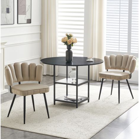 Ensemble table à manger ronde 107 cm avec 2 chaises en tissu, plateau MDF noir et double rangement, style industriel compact – CHICFURN (1/5)