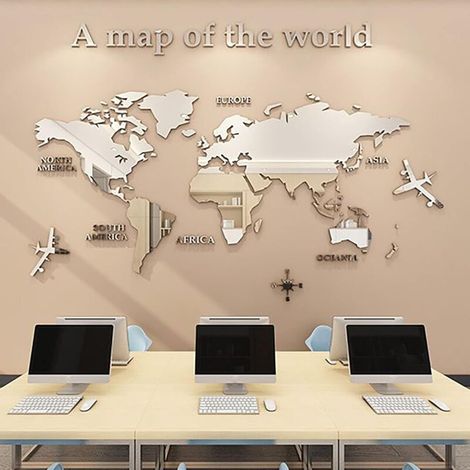 Acrylic 3D World Map Wall Stickers Mirror Wall Decal for Office Study Living Room Bedroom Silver (1/5)