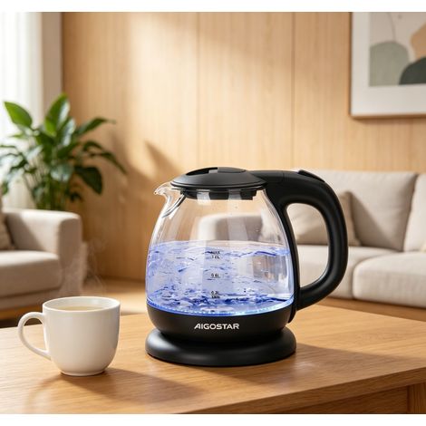 Bouilloire Aigostar 2200W verre borosilicate éclairage bleu arrêt automatique, chauffe rapide élégante fiable