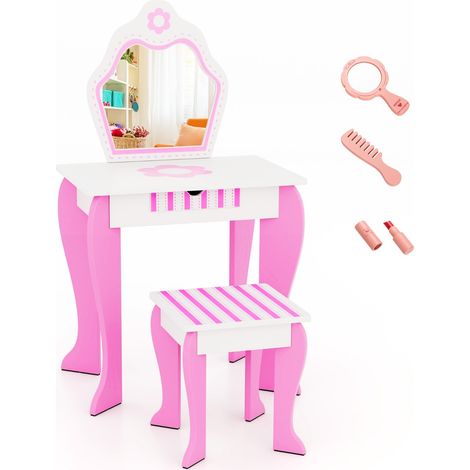 Coiffeuse pour Enfants avec Miroir et Tabouret en Bois Style Princesse Cadeau pour Filles Rose (1/2)