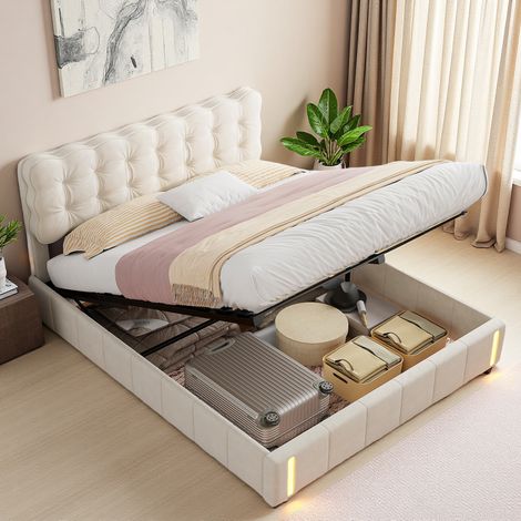 Upholstered bed 160x200cm,Double bed frame with Sensor Light,with Storage Space,velvet Beige