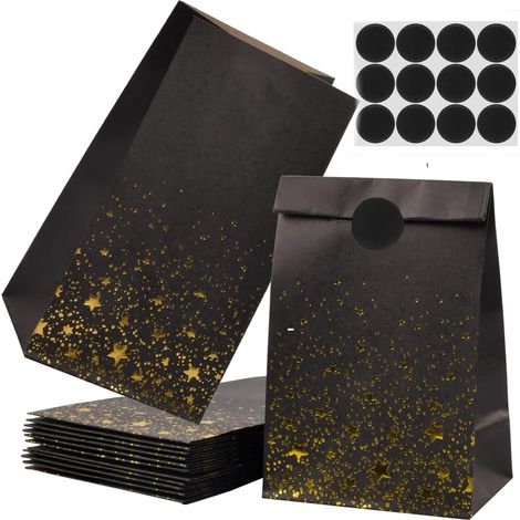 12 Pcs Sacs Cadeaux en Papier avec Autocollants, Pochette Cadeau Anniversaire Enfant, Sachet Bonbons, Petit Sac Cadeau, pour Mariage, Party, Fête, Noël (Noir) (1/5)