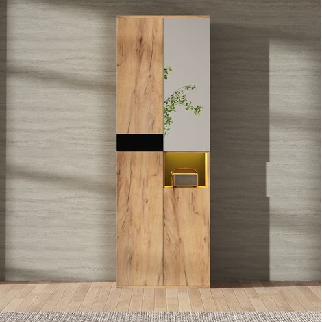 Scarpiera alta con specchio, 4 ante e vano aperto, nero e naturale, 65 x 35 x 190 cm (1/5)