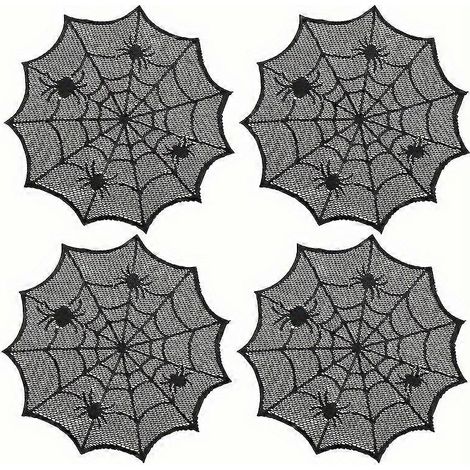 Nouveaux modèles - Sets de table en dentelle Halloween (lot de 4), 30 cm de diamètre, motif toile d'araignée - Sets de table en dentelle noire pour la décoration de table d'Halloween, Non (1/5)