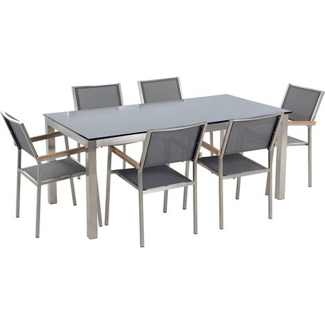 Set da Giardino Tavolo Piano in Vetro Nero e 6 Sedie Grigie 180 x 90 cm Grosseto