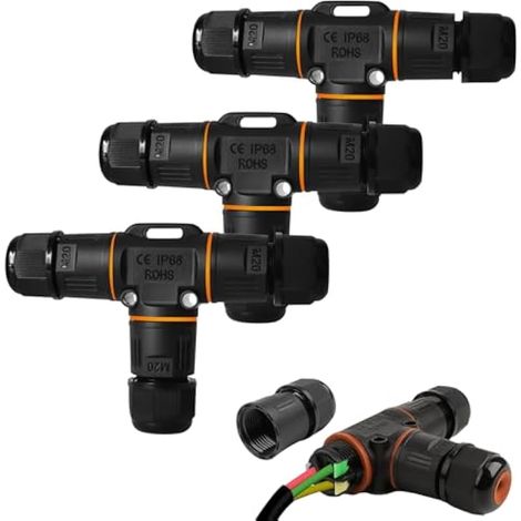 SUNOYA Connecteur étanche IP68, connecteur à 3 broches, boîte de distribution en forme de T, manchon de raccordement, étanche pour câble de 3 à 12 mm de diamètre, noir (1/5)