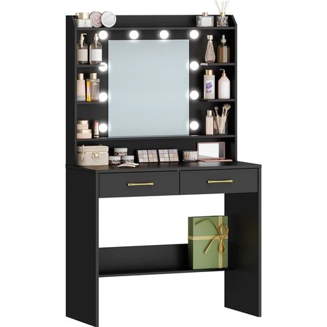 Coiffeuse avec Miroir et éclairage LED, Luminosité Réglable, Coiffeuse avec étagères et 2 Tiroirs, Table de Maquillage pour Chambre à Coucher, Salon, Noir (1/5)