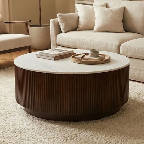 Table basse ronde 90x90x38cm en manguier brun et terrazzo blanc