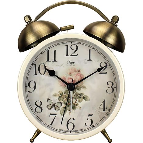 Réveil à double cloche, réveil analogique rétro silencieux sans tic-tac en quartz avec veilleuse, petite horloge de bureau pour table de chevet, fonctionnant sur batterie (Rose) (1/5)