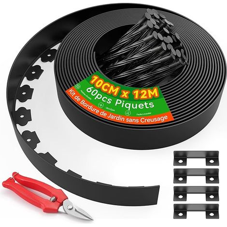 10cm Haut 12m Bordure Jardin sans Creuser avec 60 Piquets Plastique 20cm, 4 Connecteurs Cisailles – Kit Jardin, Pelouse, Massifs Fleurs Cour (1/5)