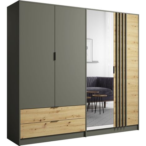 Schrank 220cm mit 4 Türen und 2 Schubladen in Graphitgrau und Eichenfarbe. Kollektion IZO