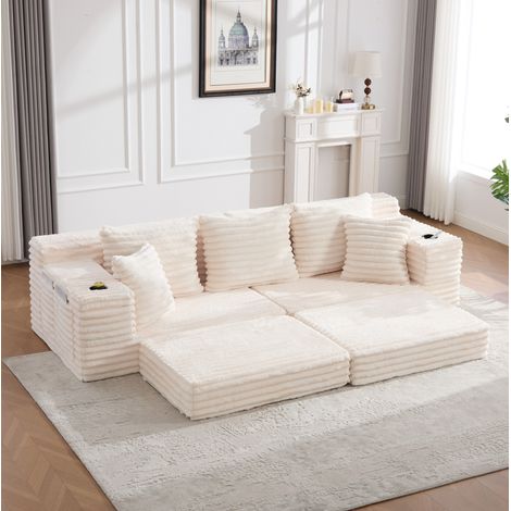 Schlafsofa 273x98x87 cm Beige Cordstoff mit hoher Rückenlehne, Seitentaschen und Getränkehaltern (1/5)