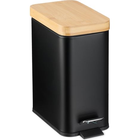 Relaxdays Mülleimer Bad, 5 Liter, entnehmbarer Inneneimer, Kosmetikeimer, Metall, Badmülleimer mit Bambusdeckel, schwarz