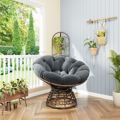 Sillón Papasan giratorio 360° de ratán PE, estructura de acero, cojín gris, 92 x 67 cm, marrón (1/5)