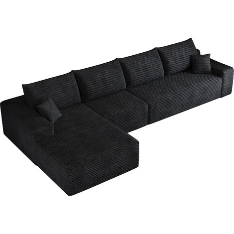 Sofá esquinero modular de 340 cm con chaise longue en L, pana rayada negra, HOMVRA (1/5)