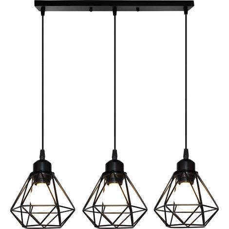 QAZQA Lustre Suspension Industrielle Métal Forme Diamant 3 Luminaires Plafonniers E27 Vintage Lampes de Plafond Abat-Jour Ø205mm (16cm-avec une barre du support)