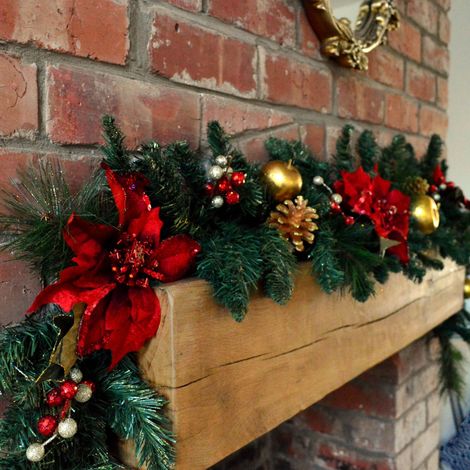 180cm (6ft) Deluxe Red and Gold Poinsettia Christmas Garland Decoration (1/5)