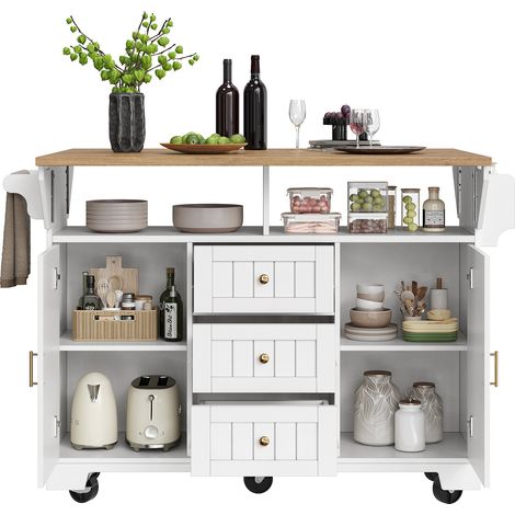 Îlot de cuisine 120 × 40(80) × 95 cm, buffet et meuble de cuisine, desserte extensible sur roulettes des deux côtés, avec porte-serviettes, étagère à épices, deux portes et trois tiroirs, noir/blanc