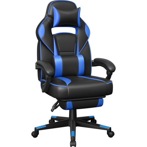 Fauteuil de Bureau, Chaise Gaming, Réglable, Repose-Pieds Télescopique, Mécanisme à Bascule, Appui-tête, Support Lombaire, Charge 150 kg, Noir d'encre et Bleu Ciel OBG073B04 (1/5)