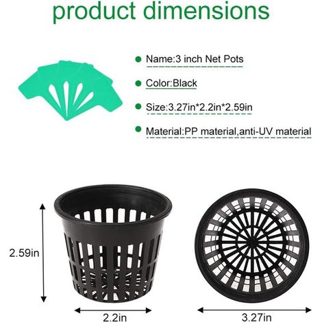 Lot de 12 pots hydroponiques avec 10 étiquettes pour plantes, filet de culture noir pour la culture hydroponique. (1/3)