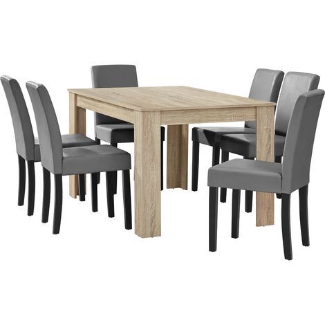 Essgruppe Forssa 7-tlg 140x90 cm Eiche hell / Hellgrau [en.casa]