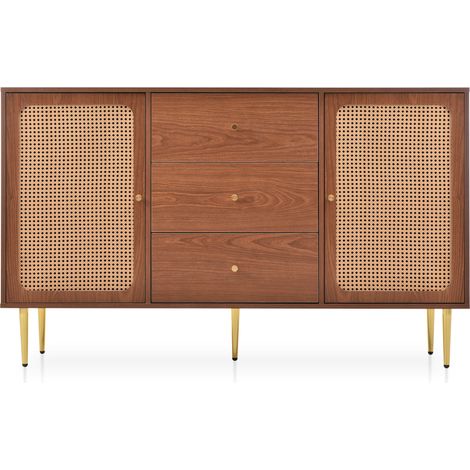 Commode en noyer avec 2 portes et 3 tiroirs, étagère réglable, pour salon et chambre H90 x L150 x P40 cm (1/5)