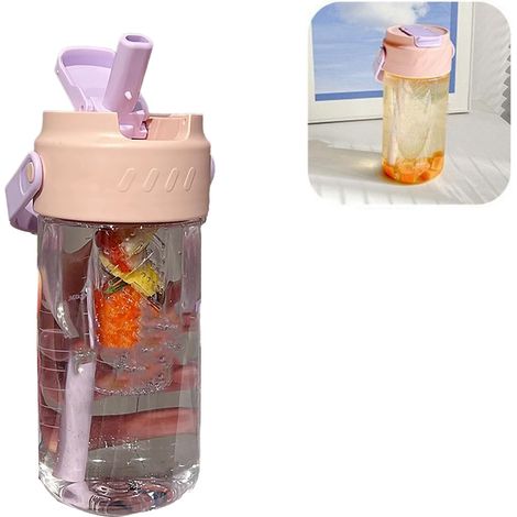 Gourde avec paille, filtre à thé intégré et poignée en polycarbonate, 700 ml, jolie gourde à paille rose pour filles et femmes. (1/5)