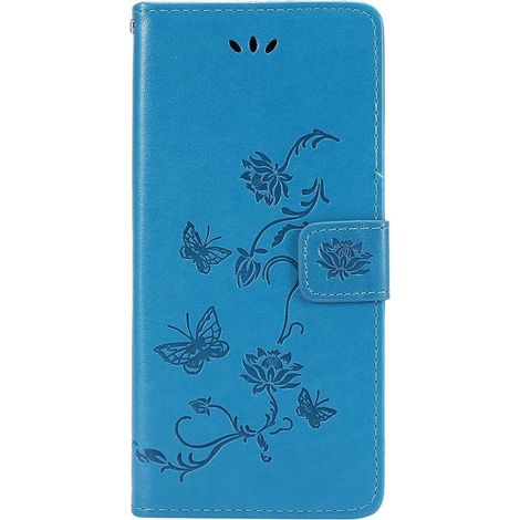 Étui portefeuille pour Samsung Galaxy M51 - Motif fleurs et papillon - Bleu - Coque avec rangement cartes (1/5)