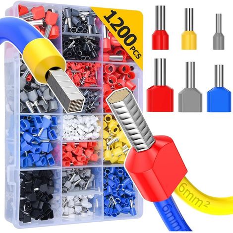 Lot de 1200 connecteurs creux pré-isolés à 2 fils pour fiches creuses, kit d'outils de sertissage pour l'électricité, l'industrie, etc (1/5)