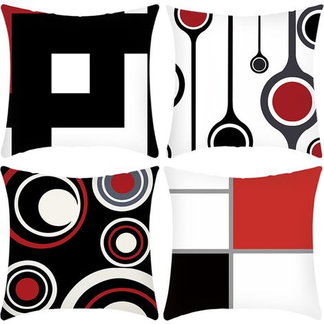Lot de 4 housses de coussin modernes abstraites, rouge, noir, blanc et gris, pour canapé, salon ou chambre