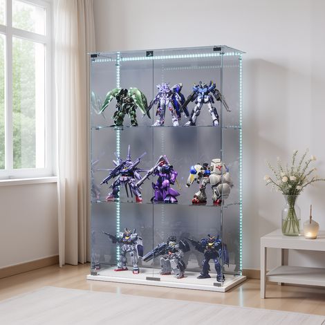 Glas Vitrinenschrank mit LED-Leuchtband, Modern Glasvitrine mit 3 Ablagen für Sammlerstücke, Standvitrine mit 2 Tür und Schloss, für Wohnzimmer, Schlafzimmer und Büro, Weiß (1/5)