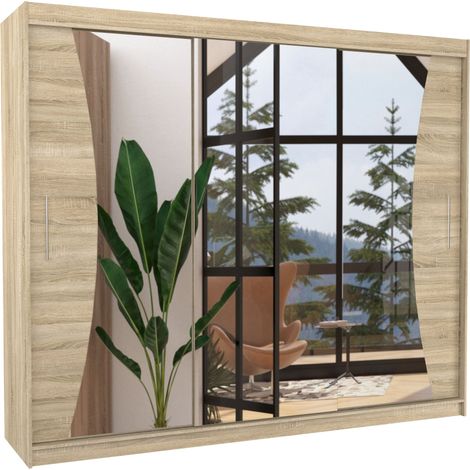 Les Tendances – Armoire de chambre 3 portes coulissantes bois clair mat et miroir – Longueur 250 cm – Aménagement intérieur penderie et étagères réglables – Fabrication européenne (1/5)