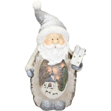 ECD Germany Weihnachtsmann Deko Figur mit LED Beleuchtung 52cm Warmweiß Weiß mit grauem Hut und Schal, Holzoptik, Batteriebetrieben, für Innen, LED-Weihnachtsdeko Weihnachtsfigur Weihnachten Tischdeko