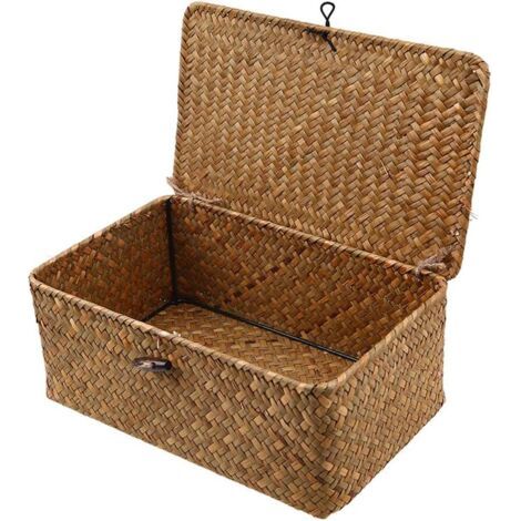 Aufbewahrungsbox aus geflochtenem Rattan mit Deckel – Wäschekorb aus Seegras – Kosmetik-Organizer – Für Bad, Wohnzimmer, Küche, braun, klein