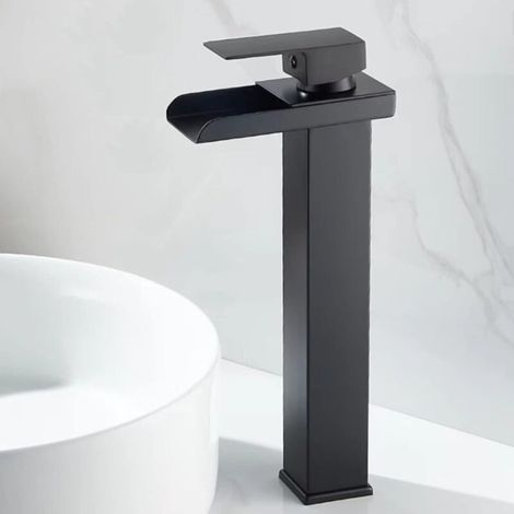 Schwarze Wasserfall-Waschtischarmatur, Edelstahl-Waschtischarmatur mit Wasserfallauslauf, Einloch-Einhebel-Waschtischarmatur, B, hoch (1/5)