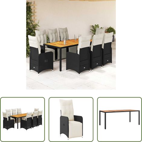 Gartentisch -  9-tlg. Garten-Bistro-Set mit Kissen Schwarz Poly Rattan (1/5)
