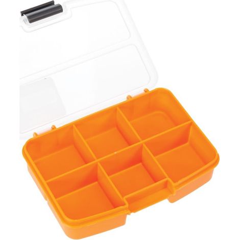 Perel Caja de almacenamiento, 6 compartimentos fijos, transparente, cubierta apilable, 134 x 101 x 31 mm, naranja/negro (1/3)