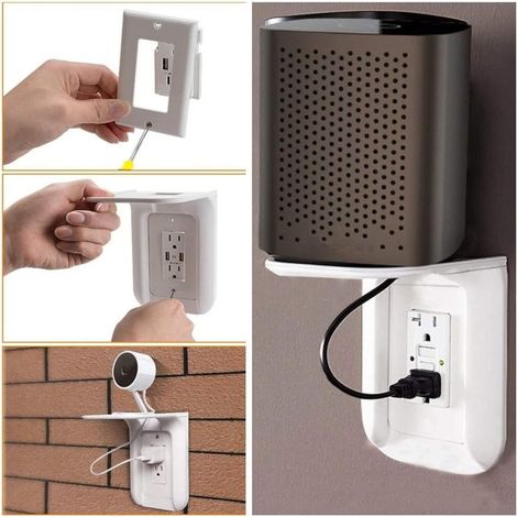 Étagère murale pour prise électrique blanche, rangement brosse à dents téléphone enceinte, sans perçage (1/2)