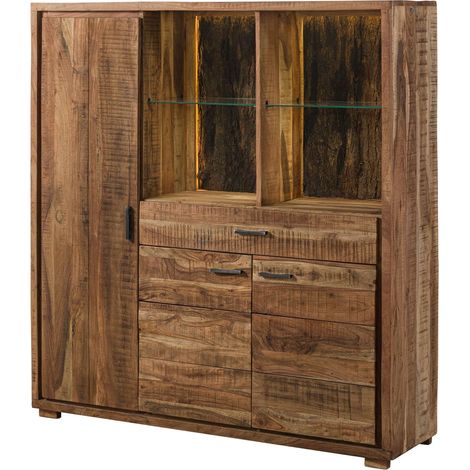 Massivmoebel24 – Buffet en bois d'acacia laqué naturel 140x40x150 – 4 compartiments ouverts – 6 étagères – Design rustique avec écorce (1/3)