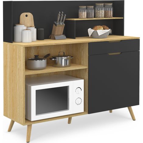 Idmarket – Buffet bas de cuisine 120 cm – 1 porte et 1 tiroir – Plan de travail H.83 cm – Structure en panneaux de particules et bois de pin – Style scandinave