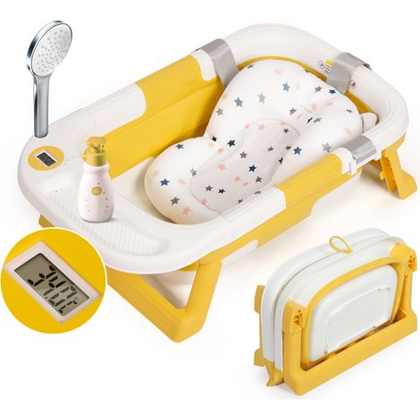 Leogreen Baby Badewanne mit Badematte, Babywanne Faltbare Babybadewanne mit Tragbarem Digitalem Reisethermometer und Tabletts, Unverzichtbar für Kleinkinder 0-36 Monate Neugeborene