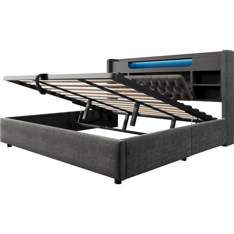 Cama baúl 180 x 200 cm de lino gris con LED, USB/USB-C, cabecero con almacenaje (1/5)