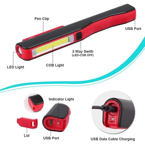 Lampada da lavoro a LED ricaricabile per meccanici, torcia COB, luce da officina per campeggio, garage, uso di emergenza con clip magnetica (2 pezzi) (1/4)